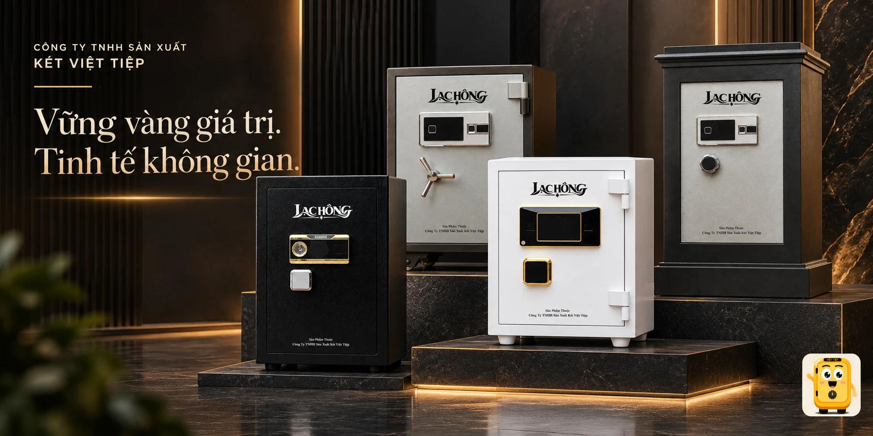 Bộ sưu tập két sắt Lạc Hồng VSC98 SU, SC660 PRO, CT88 SU và KR89 PRO trong studio vàng–đen. Vững vàng giá trị, tinh tế không gian. CÔNG TY TNHH SẢN XUẤT KÉT VIỆT TIỆP.