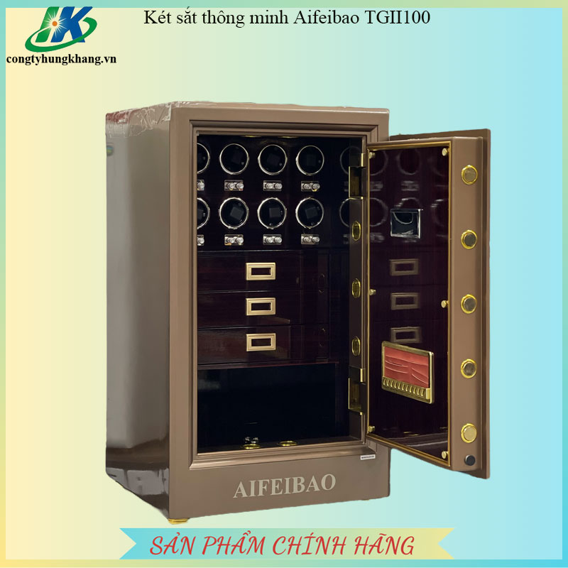 Két sắt Aifeibao HK-A1/D-100-TGII mở cửa nhìn nghiêng, tám hộp quay đồng hồ và ba ngăn kéo