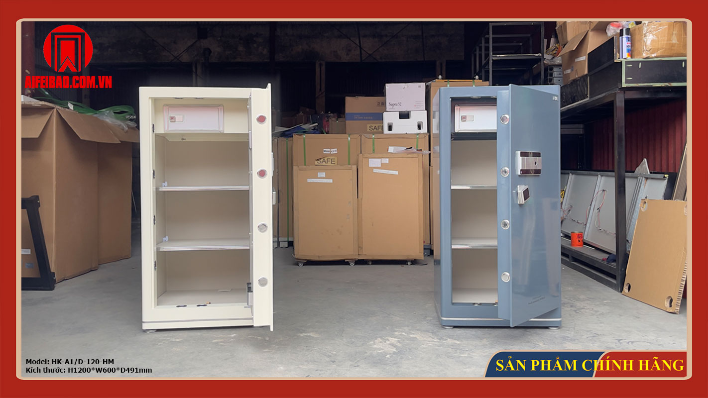 Hai két sắt Aifeibao HK-A1/D-120HM màu trắng và xanh xám đang mở cửa tại nguồn
