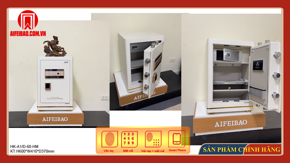Mặt trước và nội thất két sắt Aifeibao HK-A1/D-60HM màu trắng trong ảnh nguồn