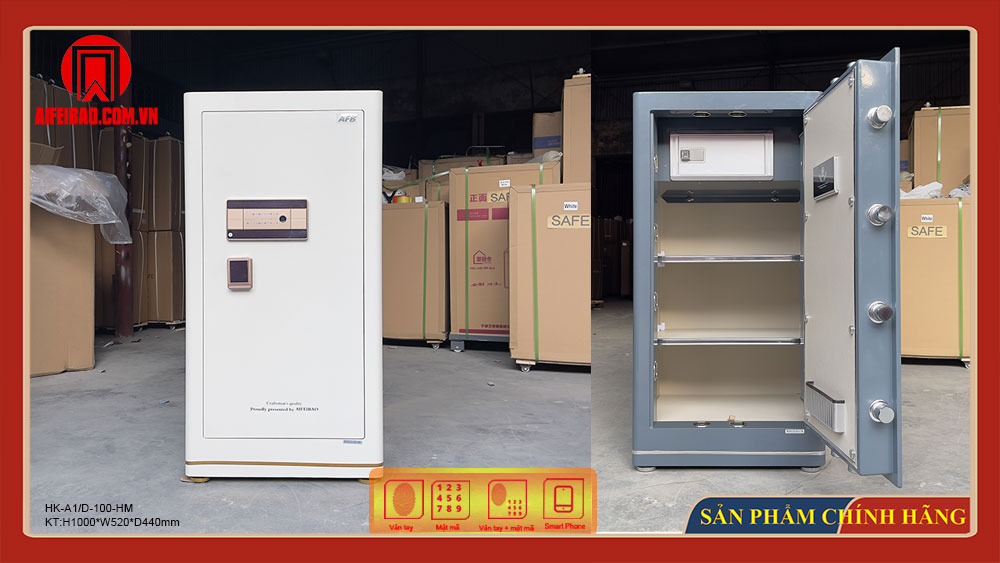 Mặt trước màu trắng và nội thất màu xanh xám của két sắt Aifeibao HK-A1/D-100HM