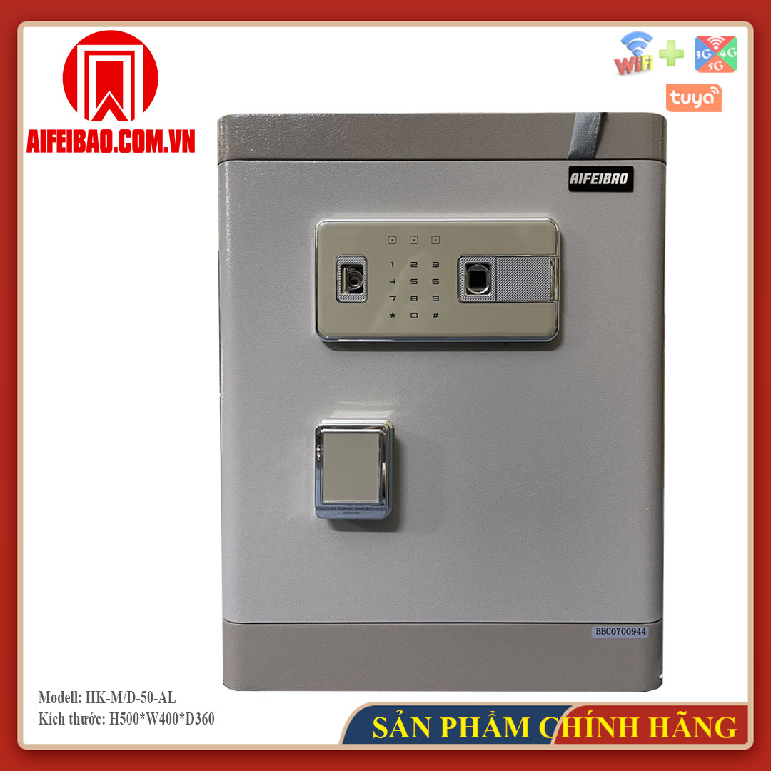 Mặt trước két sắt Aifeibao HK-M/D-50-AL màu ghi xám với bảng khóa và tay nắm vuông