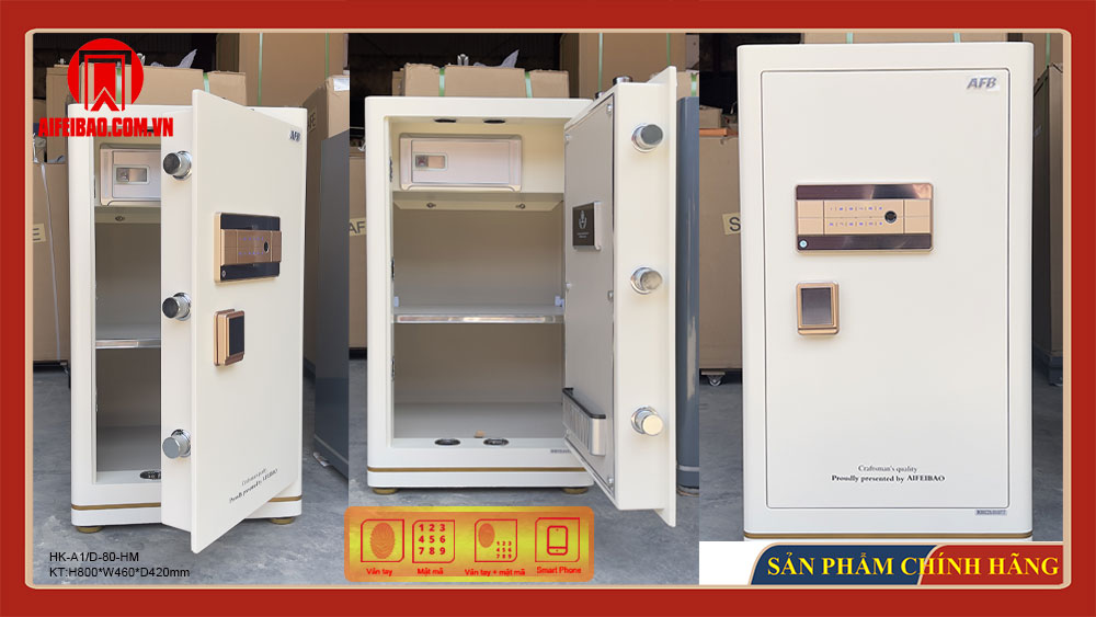 Ba góc nhìn mặt trước và nội thất két sắt Aifeibao HK-A1/D-80HM màu trắng