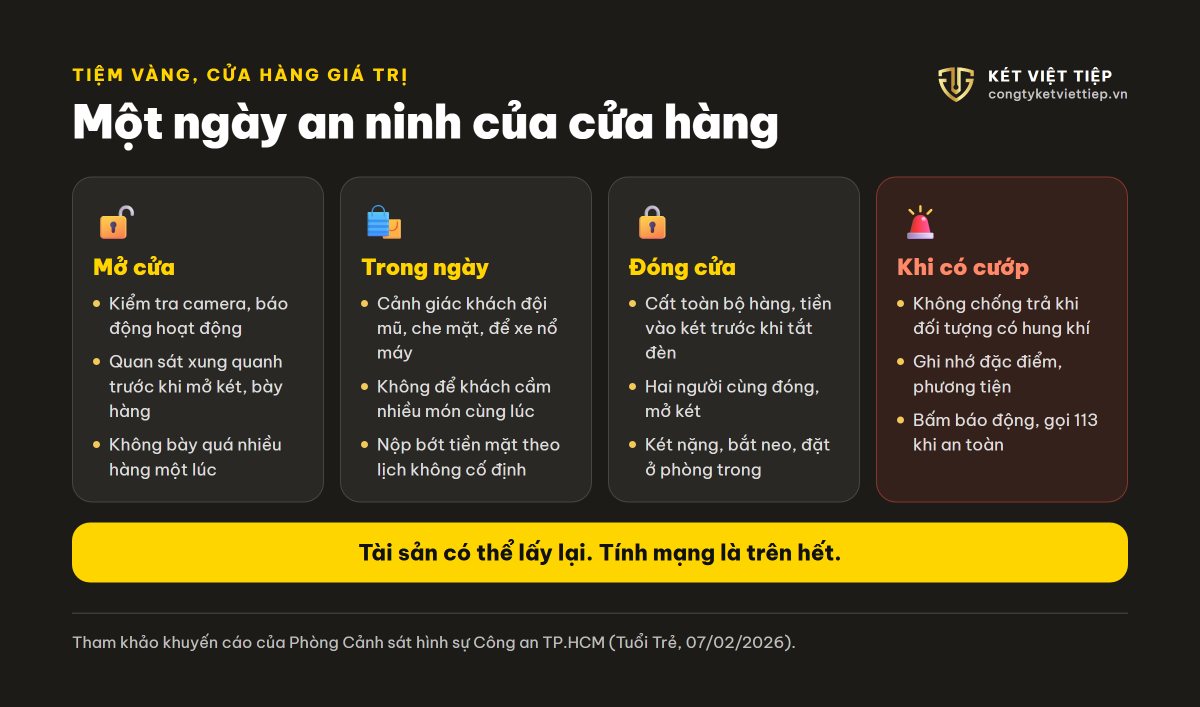 Infographic quy trình an ninh cho tiệm vàng, cửa hàng: mở cửa, trong ngày, đóng cửa