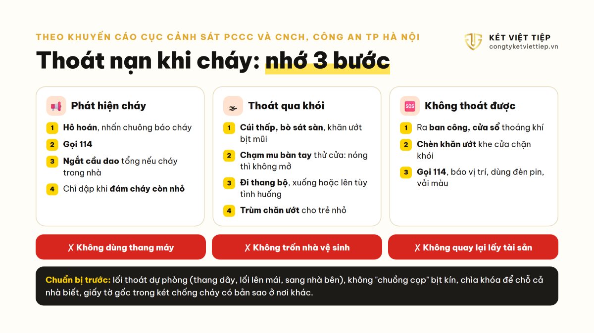 Các bước thoát nạn khi cháy: khói, cửa, thang máy, ban công