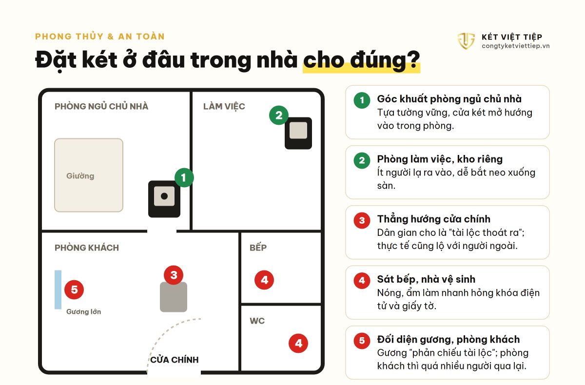 Sơ đồ mặt bằng: vị trí nên và không nên đặt két sắt trong nhà
